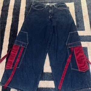 MT:2 raver super baggy cargo wide leg jeans with maroon detailing